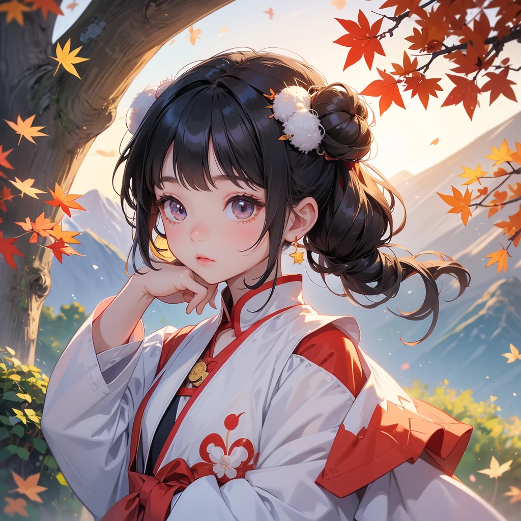 A chibi child girl had a small face and Wearing white little Taoist priest's outfit, A pair of big round eyes shone with curiosity about him, This child was so cute, her hair is black with two buns on her hair, The backdrop of the mountains that turn red in spring, and maple leaves fall from the trees.



