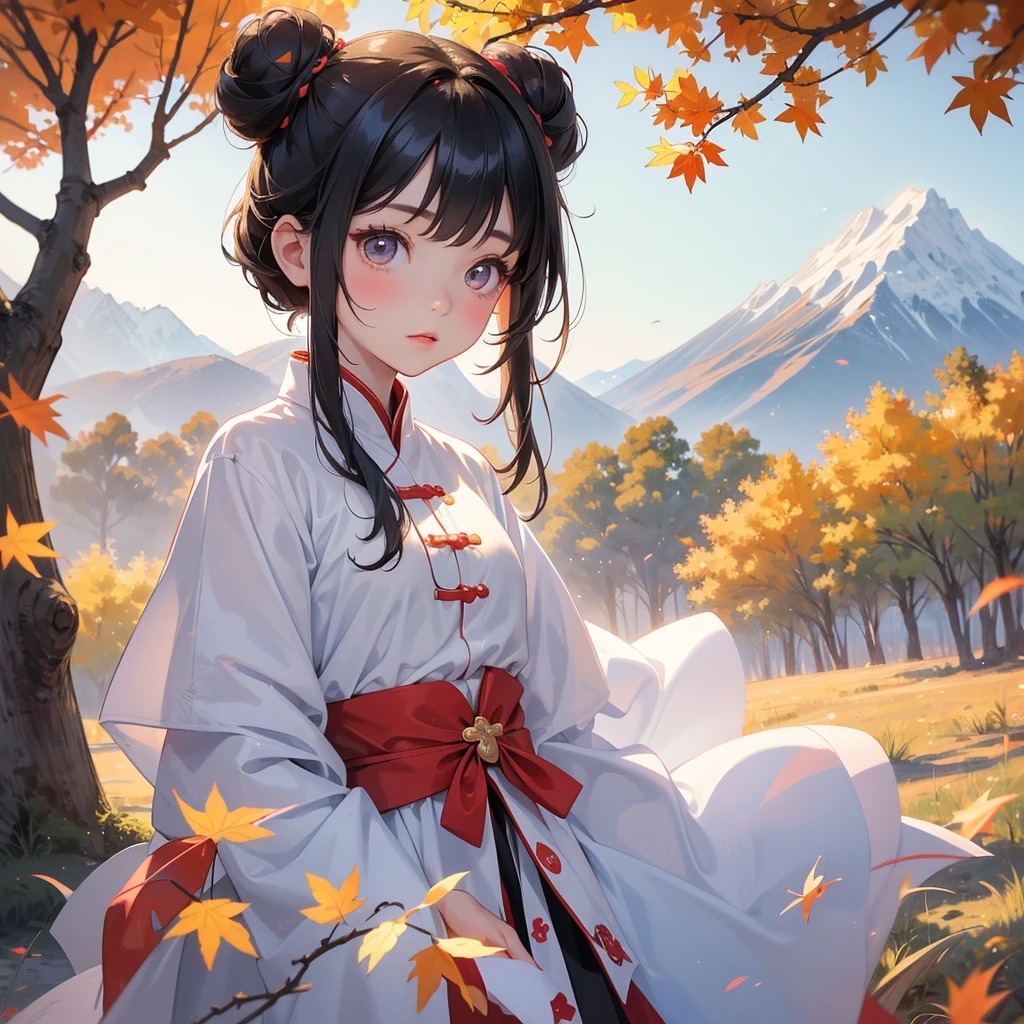 A chibi child girl had a small face and Wearing white little Taoist priest's outfit, A pair of big round eyes shone with curiosity about him, This child was so cute, her hair is black with two buns on her hair, The backdrop of the mountains that turn red in spring, and maple leaves fall from the trees.



