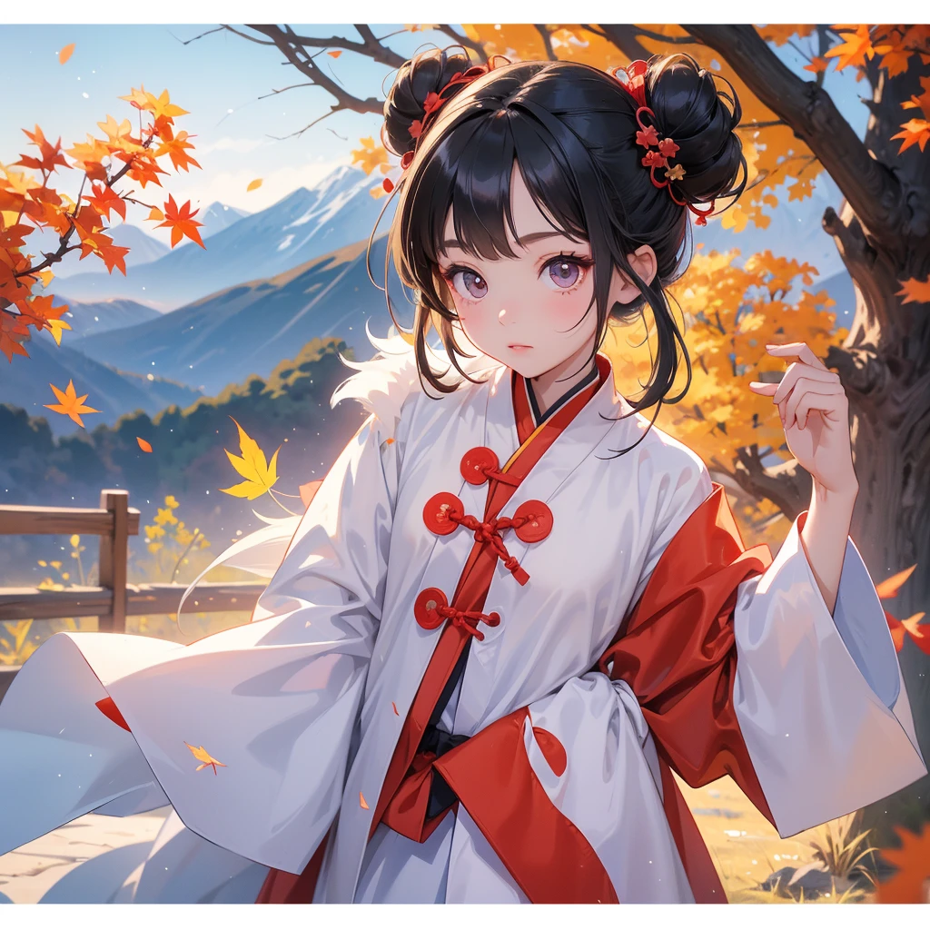 A chibi child girl had a small face and Wearing white little Taoist priest's outfit, A pair of big round eyes shone with curiosity about him, This child was so cute, her hair is black with two buns on her hair, The backdrop of the mountains that turn red in spring, and maple leaves fall from the trees.