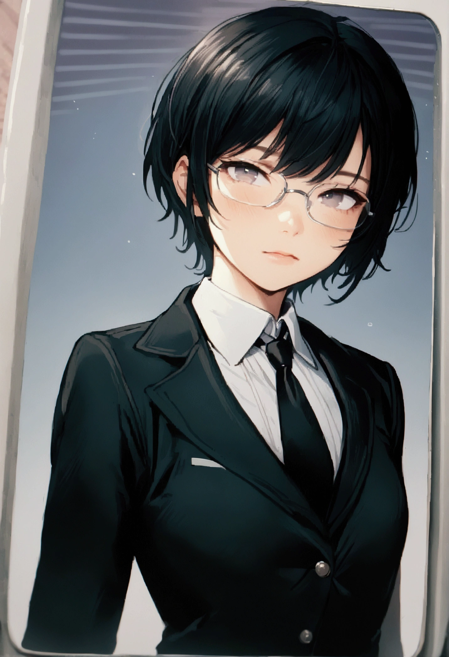 1girl, solo, black hair, shirt, looking at viewer, collared shirt, upper body, short hair, black jacket, white shirt, black eyes, jacket, necktie, androgynous, glasses, amazing quality, very aesthetic, masterpiece