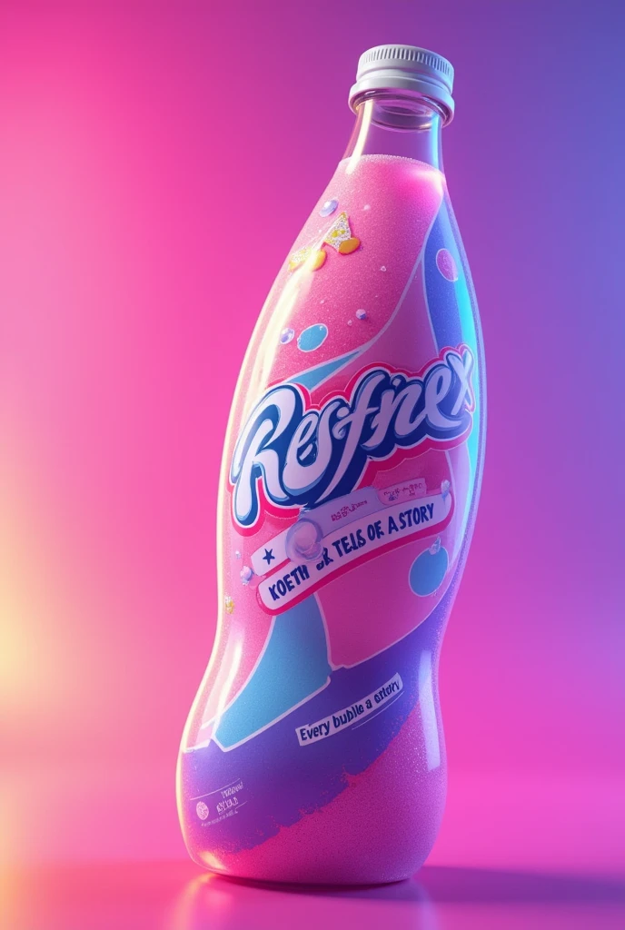 Generate me the image of a soda bottle with the name Resfrex. With the slogan every bubble tells a story and the pink and purple colors. in Spanish 