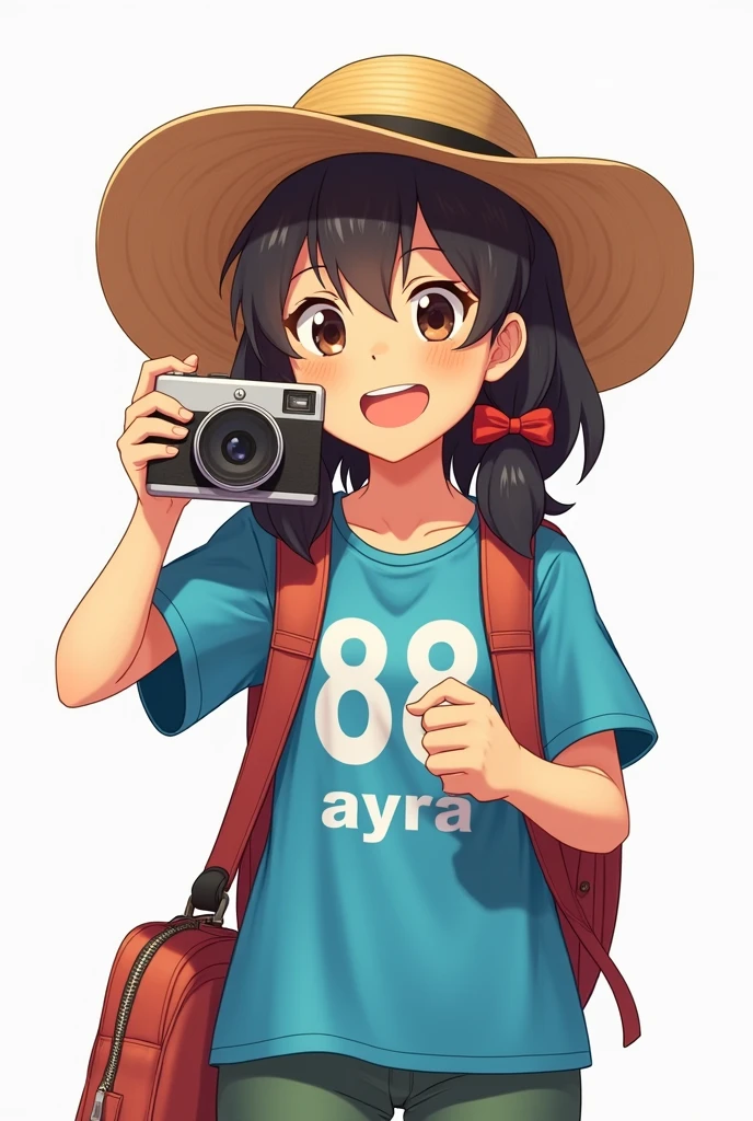 Girl wearing straw hat and carrying in , smiling broadly and carrying camera, wearing blue shirt with 88 written on it and "Ayra" written on it, backgroud white