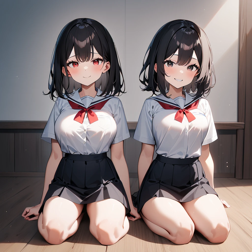 realistically, 2 girls, twintail, 1 ponytail, brown eyes, glowing eyes, white short skirt, Blush, daytime, Wet from the rain, see through, Strapless, nipples, Sit with your knees raised., pussy, s old, crotch, pee, smile
