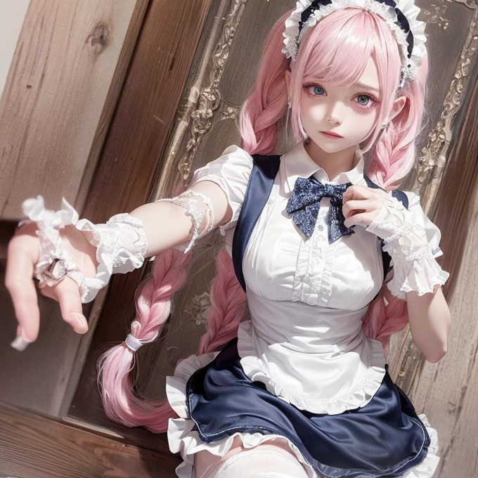 Ultra HD, masterpiece, ((Anatomically correct)), Textured Skin, Super Detail, High Detail, high quality, best quality, 16K, 8K, (1 girl, English maid:1.5), (Focus only, Solitary, Miss:1.5) blue eyes, Lovely, (maid, mini skirt, Ruffled maid Headband, Ruffled shirt, Bow tie, apron, Long skirt, Puff sleeves, White silk socks, Ruffles:1.3), (Pink Hair, Shiny hair, Double braid:1.3), Beautiful and delicate eyes, Beautiful clavicle, Beautiful Body, Beautiful breasts, Beautiful thighs, Beautiful legs, Lean over, , In the restaurant, Low light, Natural Lighting, Cowboy shooting, (Movie Lighting), SSCI - FI and Fantasy, complex，very beautiful and elegant, Very detailed, Digital paint, Art Station, Concept Art, Smooth focusing、Clarity, illustration, Art work：Tan Zi、Ayanamikodon、Alphonse Mucha and Wlop