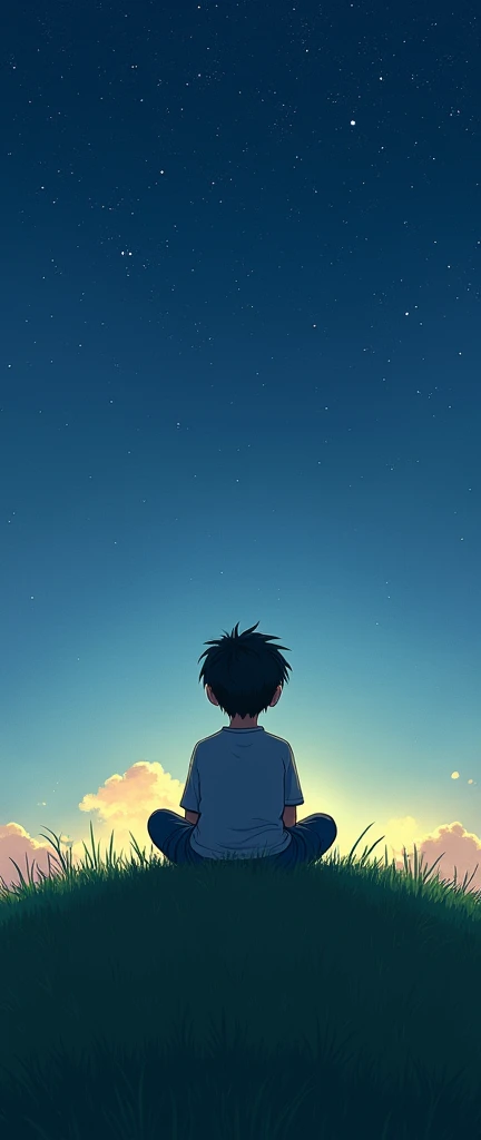 A realistic image of a boy sitting on a hill looking at the clear sky at night tall grasses lonely