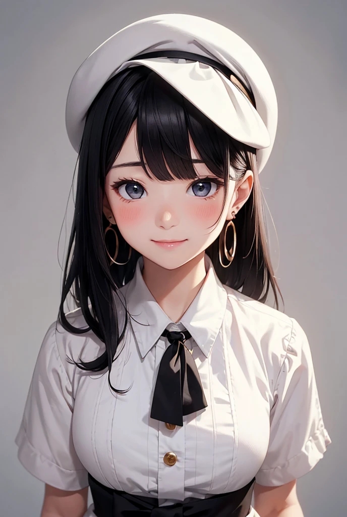 One person, High resolution, chest, Blushing, Shortcuts, bangs, Simple Background, 目の間のbangs, Earrings, Barrette, Background blur, beret, Anatomically correct, Gaze, smile, Black Hair, Open your mouth a little, Minimalist, Highest quality,