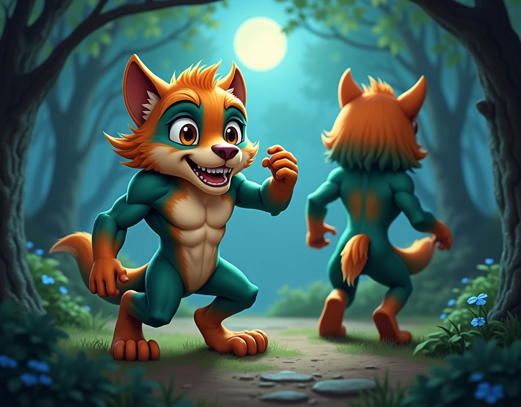 Create multiple representations of an anthropomorphic creature resembling a werewolf, with a muscular and athletic human-like body. The creature should have a cute, wide-eyed face with large ears, similar to the one in the reference image, retaining its innocent and adorable expression. The entire body should be covered in thick, vibrant fur with a mix of teal, orange, and greenish colors, transitioning smoothly across its form. The hands and feet should be clawed, resembling a werewolf’s, with strong, sinewy limbs. Show the creature from different angles (front, side, and back) in a dynamic, yet playful stance, set in a dark, mystical forest, with moonlight casting soft, magical shadows through the trees.
