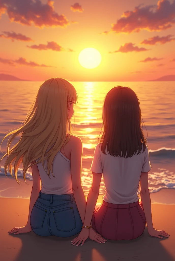A couple of two girls watching the sunset, one girl has blonde hair and the other has straight hair and the length of her hair is medium, the color brown of her hair and watching the sea on a beach with the sunset without a skirt 