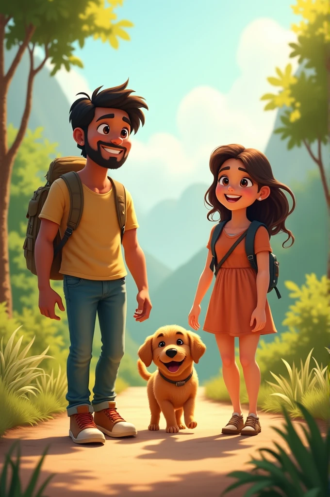 A heartwarming scene of a family enjoying a pleasant day on an adventure. The family includes a couple named Dixit and Vaish, and their adorable brown Labrador puppy named Hazel. Dixit is a man with a friendly smile, wearing casual outdoor clothing like a T-shirt and jeans. Vaish is a woman with a joyful expression, dressed in a comfortable summer dress. Hazel, the puppy, is a small, fluffy dog with a wagging tail. The background depicts an adventurous setting, such as a lush green forest or a scenic mountain trail, with sunlight filtering through the trees, suggesting a sense of joy and tranquility.