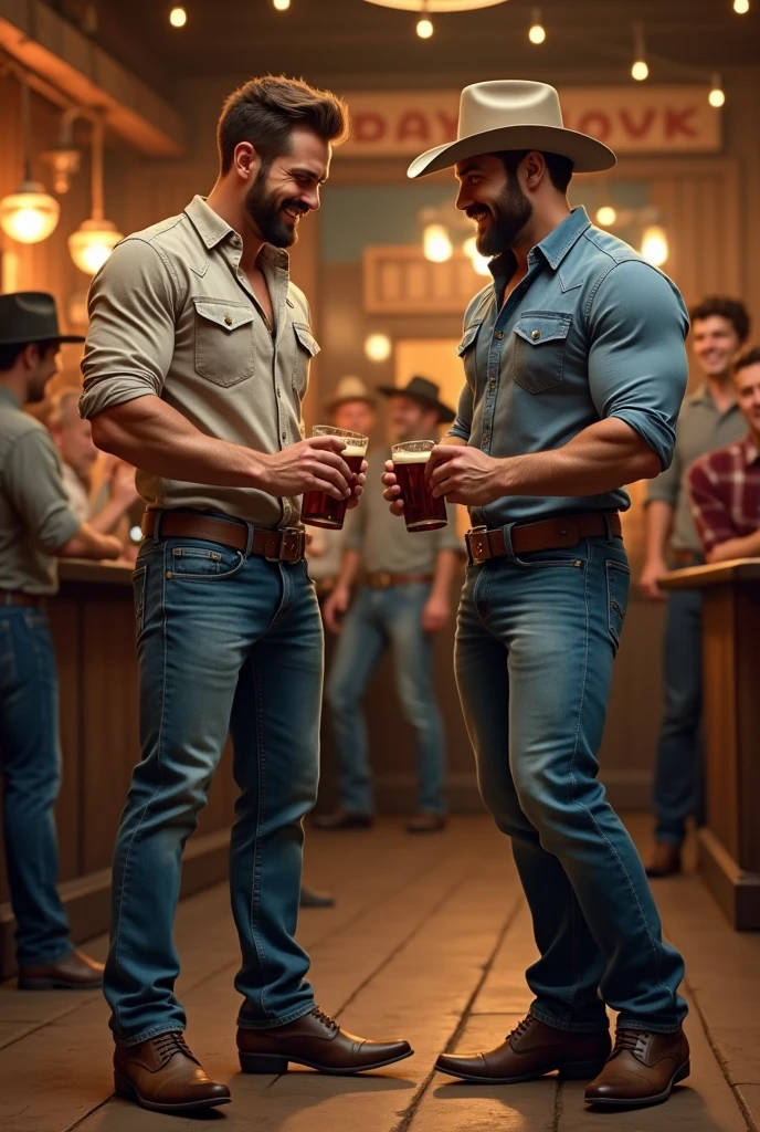 A handsome sexy young man pouring himself a beer in a cowboy bar shirtless with a nice gay ass shows off another 2 men approach him and touch his ass