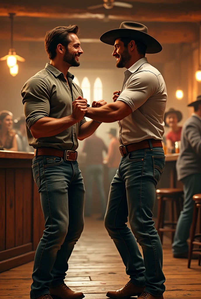 2 handsome men having fun playing strength games in a cowboy bar