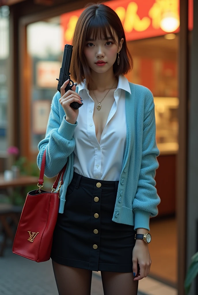 Hold the gun with both hands、Front view, standing pose , hold Luger P-08, front sushi restaurant , noon ,from Front view, looking at viewer, Japanese Girls ,(20-year-old),( Beautiful Eyes, Light brown straight short hair, fringe, Faint lips),(earring, neckless) (C cup breasts, wide hip) ( Black bra, and Black paneity stockings), (White Shirt, sky blue seater, Black miniskirts), black HI heal) , Louis Vuitton Red shoulder-bag, lady's watch of Seiko, (masterpiece, highest quality, High resolution, Photo realistic, sharp, RAW Photos, 8k wallpaper, perfection, Professional Lighting, Very detailed)