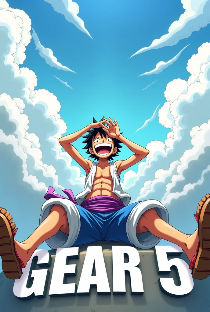 Create an anime-style scene featuring luffy gear 5 in a dynamic pose with white, wild hair, wearing a white outfit with a purple sash. The character should have a joyful and exaggerated expression, with their mouth wide open in laughter, legs lifted up spread wide straight, wearing wooden sandals, while sitting in a laid-back position with their legs spread out. The character's right hand should be shielding their eyes as if looking into the distance. Weird white cloud and smoke around him, Include a bright sky with some clouds in the background and large text at the bottom reading "GEAR 5."