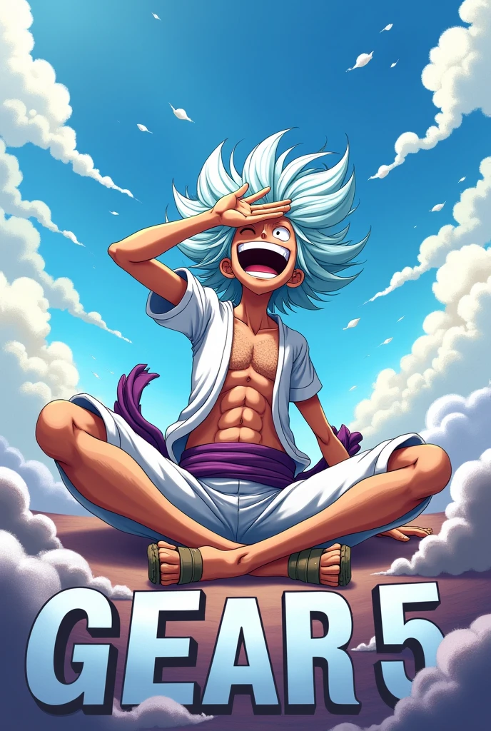 Create an anime-style scene featuring luffy gear 5 in a dynamic pose with white, wild hair, wearing a white outfit with a purple sash. The character should have a joyful and exaggerated expression, with their mouth wide open in laughter, legs lifted up spread wide straight, wearing wooden sandals, while sitting in a laid-back position with their legs spread out. The character's right hand should be shielding their eyes as if looking into the distance. Weird white cloud and smoke around him, Include a bright sky with some clouds in the background and large text at the bottom reading "GEAR 5."