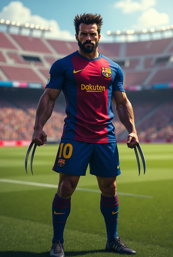 I would like to create an image of the superhero Wolverine wearing Barcelona football team clothing.