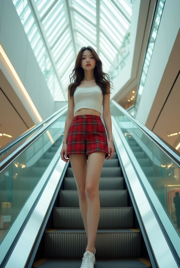 8K, masterpiece, ultra sharp focus, intricate detailed, an extremelly beautiful japanese young girl, brown long wavy hair, slender body, long legs, light smile to the viewer, she's standing back view on escalator that going up in the mall, ((taken from below her)). She's wearing white crop top camisole and red tartan skirt, cinematic color tone, back view, looking over shoulder, cool lighting, soft front studio lighting, pale skin, (((upskirt)))