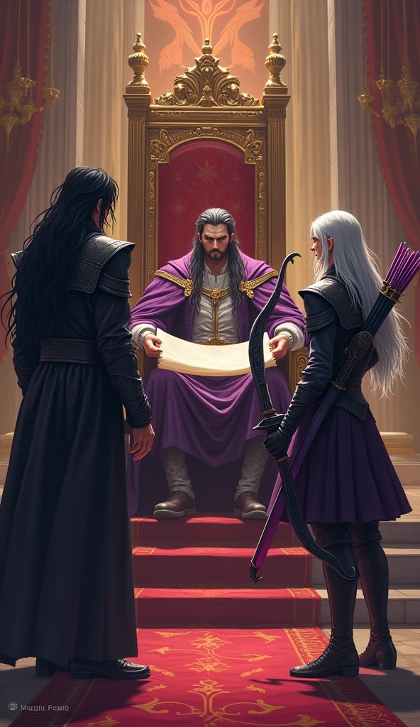In a grand throne room, a powerful king sits on a lavish throne, surrounded by opulent tapestries and golden chandeliers. The king, clad in royal armor with a crown resting on his head, gazes intently at two figures before him.

To the left stands **Vortex**, a dark and brooding warrior. His long black hair cascades down his back, contrasting sharply with the white shirt he wears under a flowing black coat. In his hand, he holds a dark, ominous sword that seems to absorb the very light around it. His eyes are focused, intense, as if ready to unleash his "Shadow Eclipse" or "Meteor Shower Barrage" at a moment's notice.

Beside him stands **Raven**, a male elf of striking appearance. His deep purple leather armor hugs his form, and his silver hair flows gracefully in the air, adding an ethereal quality to his presence. He holds a sleek, black bow, ready to draw at any time. His aura is electrifying, with the power to summon "Stormbringer Arrow" to unleash a thunderous storm, or "Stormfire Arrow" to rain down a fiery hell. His quiver glows faintly with the energies of the "Dragon's Aura Shot" and "Lion's Aura Shot," waiting to be unleashed.

The king extends his hand, offering a scroll with the royal seal, entrusting them with a critical mission. The atmosphere is tense, charged with the anticipation of the battles to come. The grand throne room, filled with the echoes of past victories, serves as the perfect backdrop for these two formidable warriors, poised to carry out their king's will.
