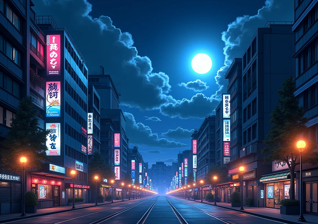 a night scene in a Japanese city, Tokyo at night, bright neon lights, Skyscraper, illuminated streets, cloudy sky with bright moon, Reddish colors and warm tones, cinematic lighting, Stunning cityscape, Very detailed, dramatic atmosphere, with a semi-realistic anime style.