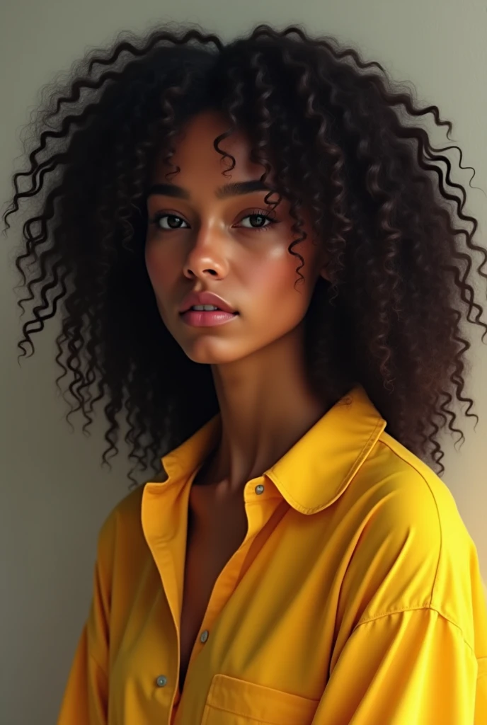 Mulatto with long curly hair and black eyes ,with yellow shirt 