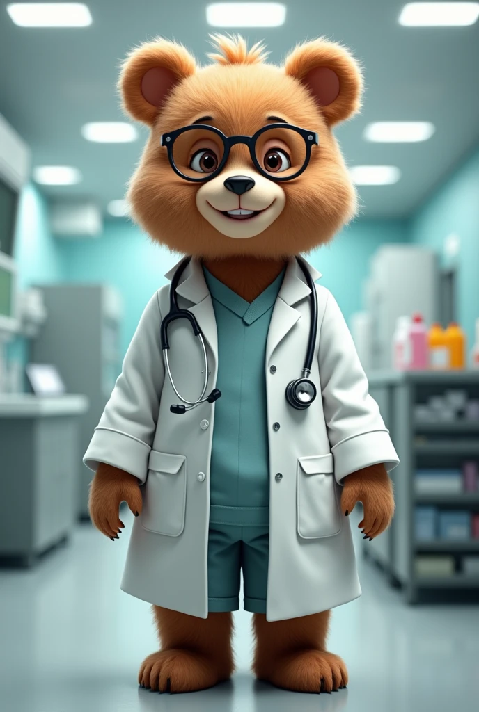 a female bear wearing doctor clothes with glasses