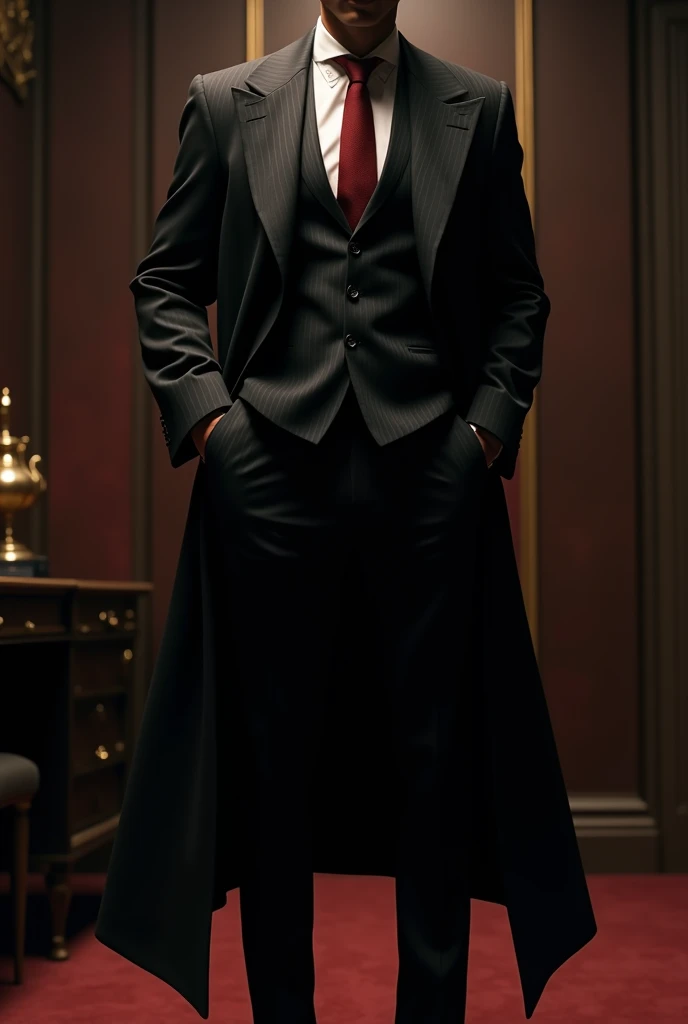 A fancy black mafia style suit with an overcoat