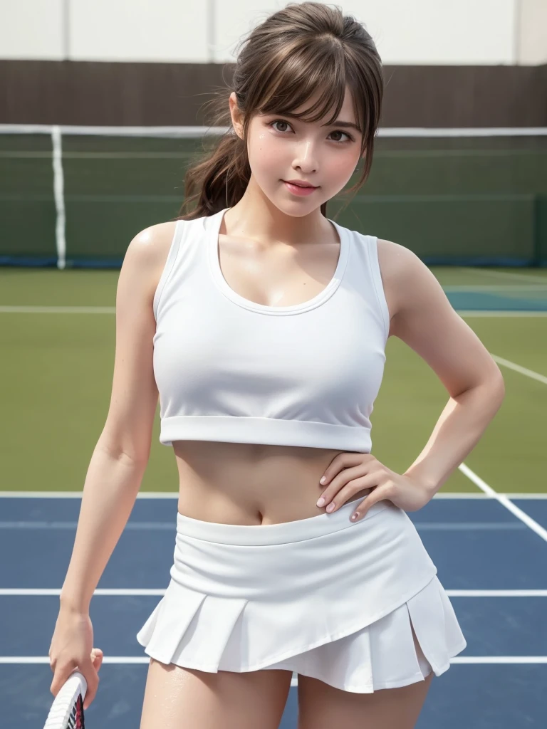 masterpiece, Highest quality,Very detailed,High resolution,(Realistic, photoRealistic:1.37),Excellent anatomy,1 girl,(height: 152 cm),1 person,Cowboy Shot,Front view,Tennis Girl,Very beautiful face,Cute type,A small smile,Big Natural Color Lip,Big and beautiful eyes,Brown eyes,Obvious double,Small and cute nose,Soft light brown long hair,Asymmetrical bangs,Floating Hair NovaFrog Style,((White tennis wear)),(((White ultra short micro mini skirt:1.5))),((Tennis court:1.3)),Soft Light,RAW quality,Soft Skin,(Glowing Skin,Sweaty:1.4),Beautiful Hands,Five strong fingers,Beautiful feet,Voluptuous thighs,Plump body,Huge breasts,(Expresses the roundness and softness of the chest area.........1),Beautiful body,(The perfect woman),((Provocative dynamic pose:1.5))