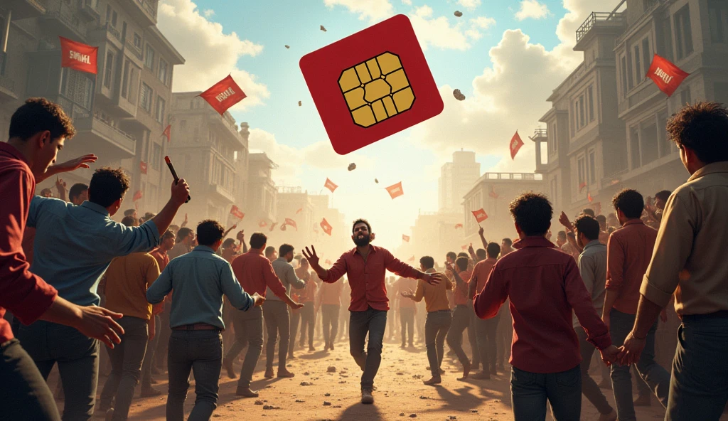 "Some people are arguing angrily about Airtel and Jio companies, and some are even throwing stones at their buildings. The building owner is running away in fear, and everyone, both men and women, is insulting him. In the sky, a BSNL SIM is sitting like a king. It's daytime in India, and some poor people are watching this scene while drinking tea."