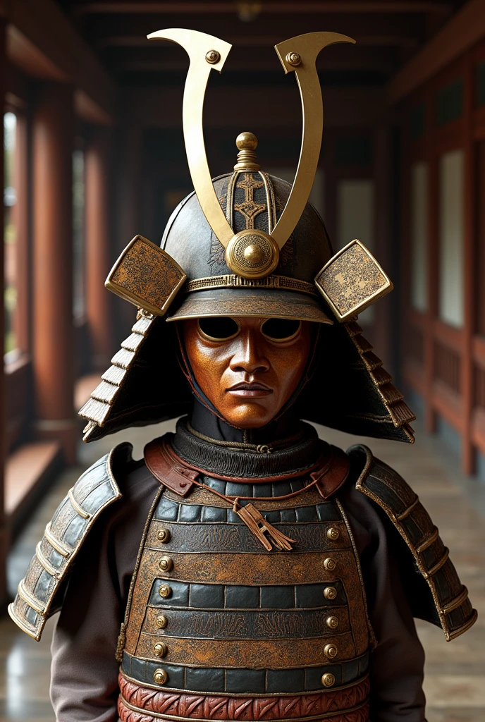 A hyperrealistic photo of a samurai helmet and mask. The helmet is made of leather, bronze, teak wood, and gold threads. The mask has intricate designs and is attached to the helmet. The background is a samurai hall from the 15th century. The hall has wooden beams and a tiled floor. There are wooden stands in the hall.