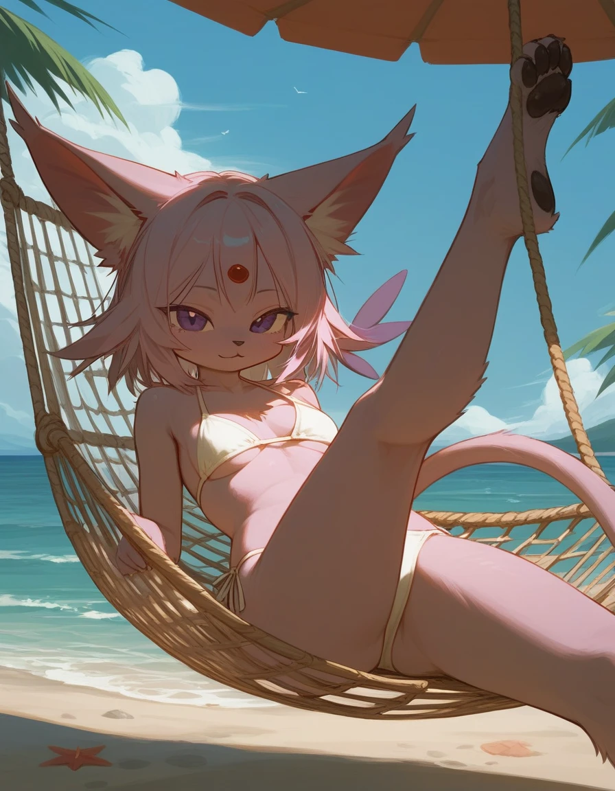 alone, score_9,score_8_up,score_7_up, anthro female espeon, white bikini, beach, laying on a hammock.