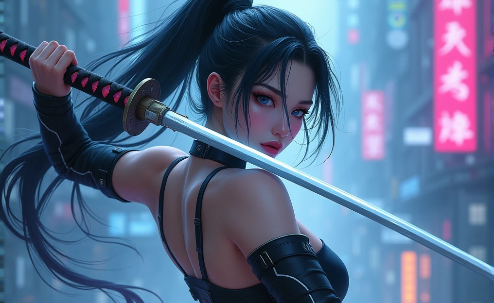 The figure of a young Asian girl, showing strength and determination, with long dark hair in a tail with mobility like water, almost unreal pale complexion and lips of a color somewhat similar to her complexion and robotic clothing carrying a katana, Deep blue eyes and some kind of transparent robotic eye covers and a determined look, The background is cyberpunk in deep blue and purple colors
