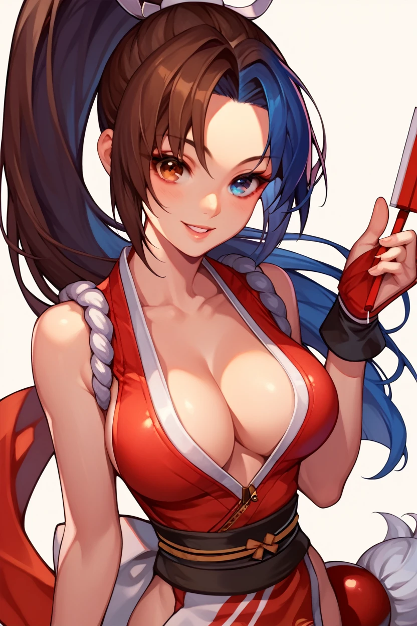 , score_8_up, score_7_up,score_6_up, score_5_up, score_4_up , 1girl, solo, ((Split hair)), ((brown hair)), ((blue hair)). heterochromia, brown eyes and red eyes, PonyShiranui, japanese clothes, revealing clothes, cleavage, high ponytail, kula, blue hair, red eyes, bodysuit, gloves, zipper, happy, cowboy shot, simple background