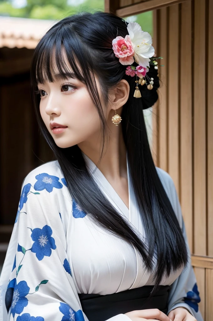 Long black hair, beautiful woman, kimono, hairpin, necklace