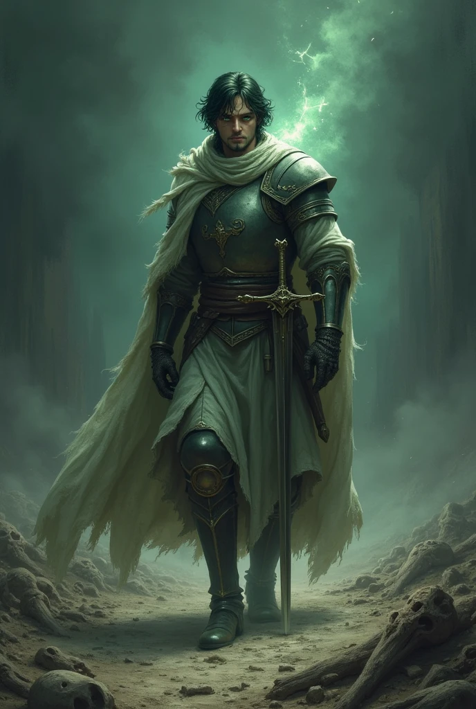 This man has almond shaped eyes, square face, green eyes, wavy hair.,offwhite,has a sword and aura,and he doesn't have a beard,It's Night,knight clothes,e It's Night em um ambiente vazio com ossos ,In an apocalyptic world,empty with little life,Hair forward ,smaller and potato nose,and the environment is dark,sem beard,e It's Night,is returning from a battle exhausted,Eland he doesn't have a beard,he has smooth, hairless skin,has no mustache,He doesn't have a beard