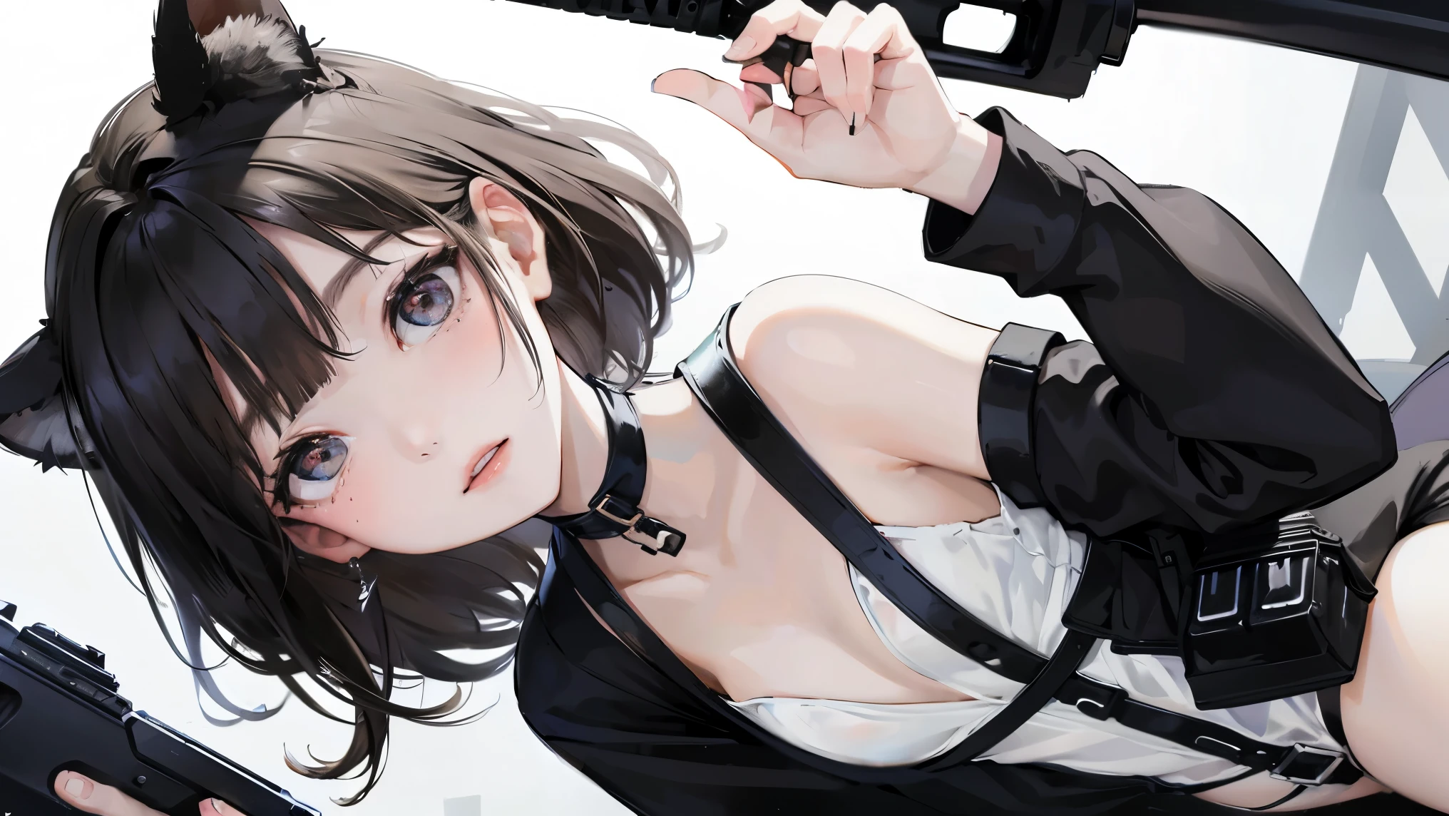 high resolution、High definition、High sensitivity、8k.Japanese、、1、cute、Idol face、Two Side Up Hair、slender、Mid-chest、(black and white high leg bodysuit:1.2)、See-through、Harness Belt、Gun Holder、(POLICE armband:1.3)、Vibrant、(Hold a gun、Firing:1.3)、bustling street、