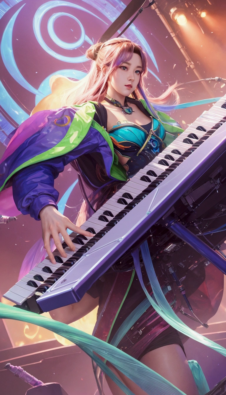 a close up of a person playing a keyboard on a stage, background artwork, extremely detailed artgerm, cyber songman, cushart krenz key art feminine, rossdraws and jazza, rossdraws cartoon vibrant, techno mystic goddess, in style of artgerm, official artwork, sakimichan frank franzzeta, keyboardist