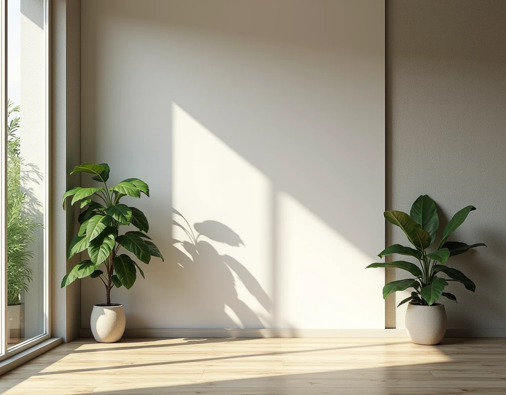 a minimalist interior, an empty room with a decorative wall, plants on the side, natural lighting, high ceilings, wooden floors, clean lines, serene atmosphere, simple and elegant design, monochromatic color scheme, natural materials, modern aesthetic, architectural details, tranquil ambiance, balanced composition, high quality, photorealistic, 8k, ultra-detailed, hyperrealistic