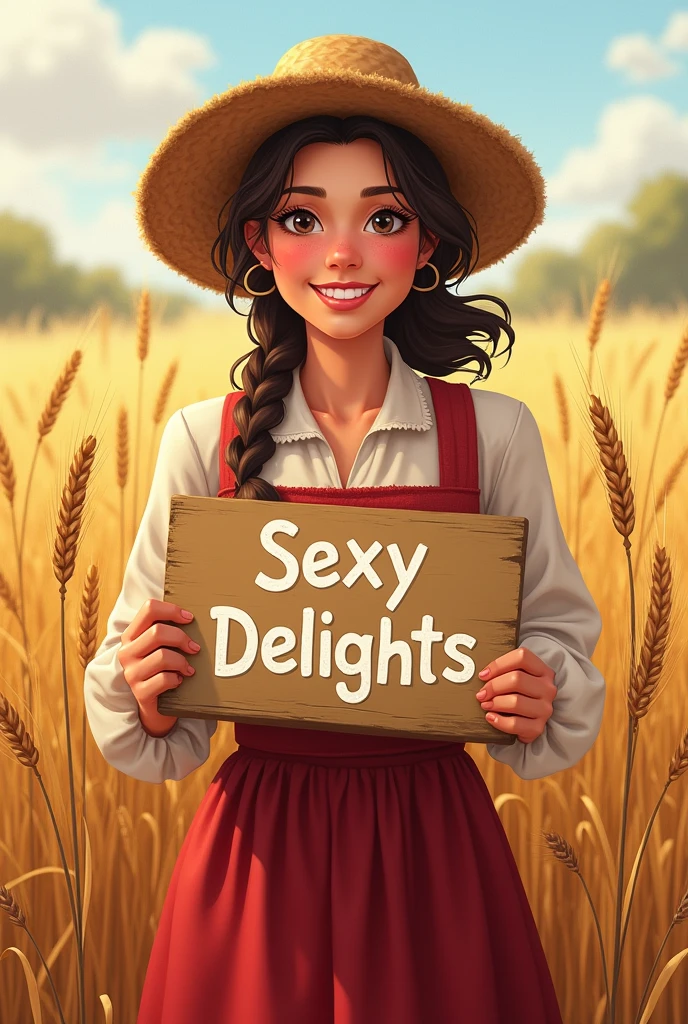 A peasant woman wearing a hat on her head and holding a sign in her hands that says Sexy Delights with wheat around her, smiling, converts all of that into a brand of food.