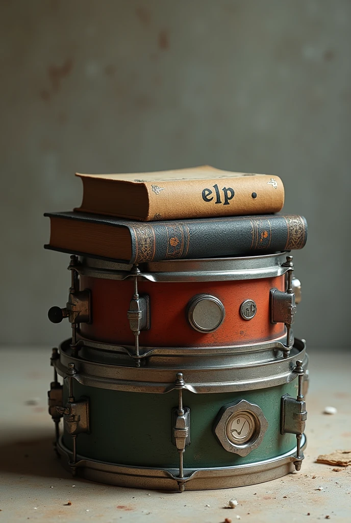 A bible on top of a pile of snare drums and the snare drum says ELP