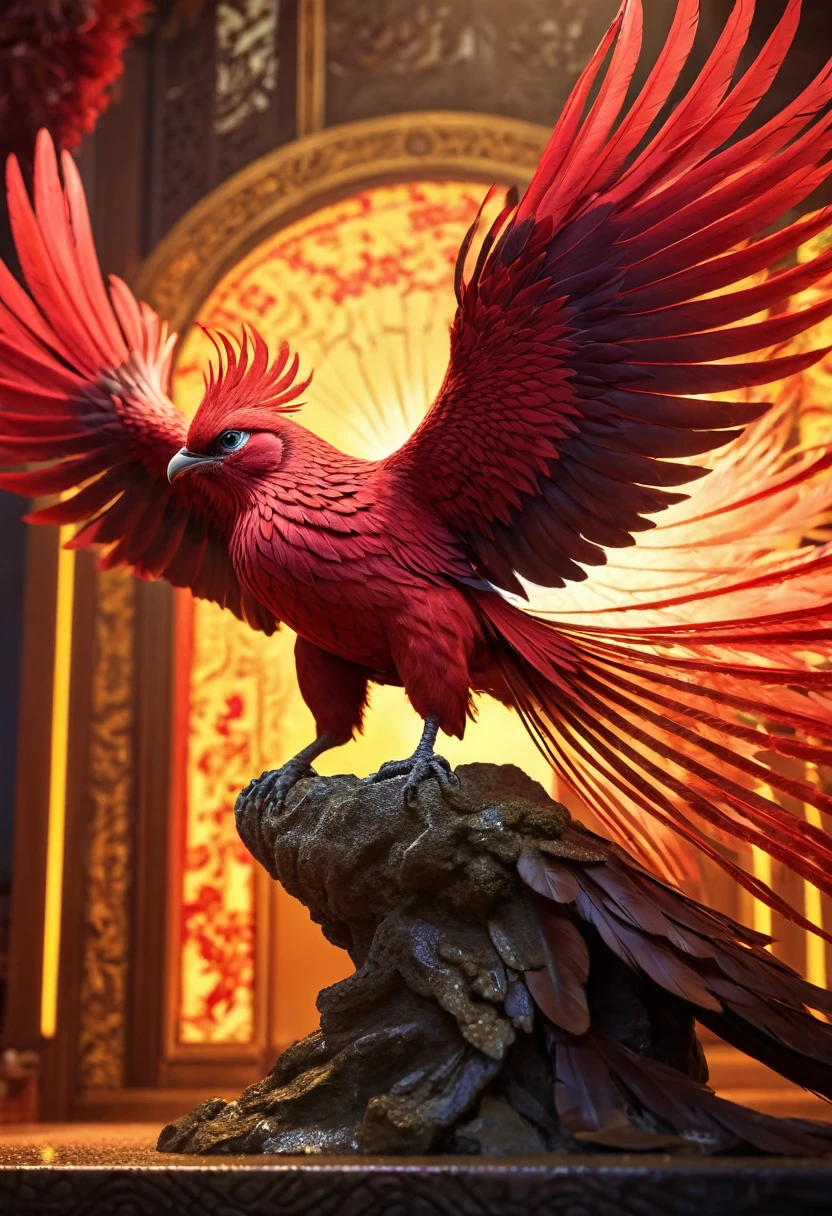 A majestic scarlet bird, Suzaku, in a detailed illustration, red phoenix, mythological creature, Japanese mythology, ancient capital of God light, dramatic lighting, vibrant colors, intricate feather details, mystical atmosphere, cinematic composition, hyper-realistic, award-winning digital art, 8K, photorealistic.