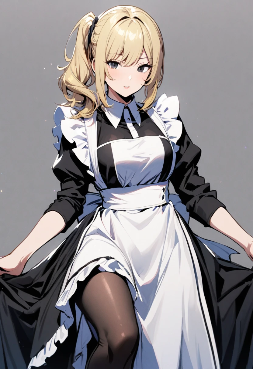 Solo, 1girl, medium hair,  blond hair, black eyes, mature, side ponytail, maid, beautiful color