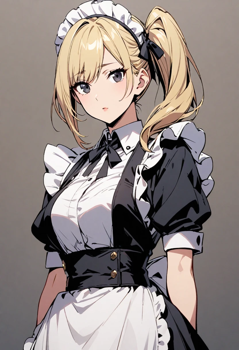 Solo, 1girl, medium hair, blond hair, black eyes, mature, side ponytail, maid, beautiful color