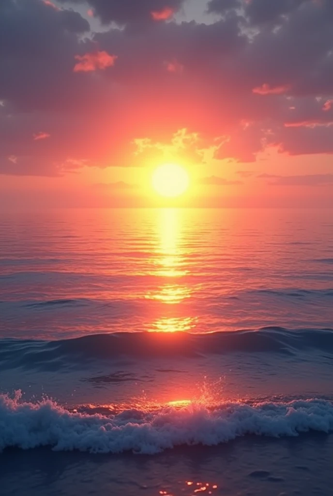 "A stunning sunrise over the ocean as the sun begins to rise above the horizon. The sky is a gradient of warm colors, from deep purples and blues near the top to brilliant oranges and pinks near the horizon. The golden sun casts a shimmering path of light across the calm water, creating a breathtaking reflection. Gentle waves roll towards the shore, catching the morning light. The horizon is clear and vast, with the distant sky meeting the endless sea. The scene feels serene, fresh, and full of promise for the new day."