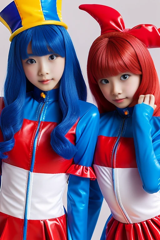 Three clown girls clowning Rubber Suit hair color: blue(1.1) Japanese Red and blue clown suit Two-pronged clown hat Clown makeup