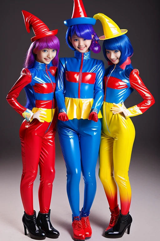 Three clown girls　clowning　Rubber Suit　hair color: blue(1.1)　Japanese　Red and blue clown suit　Two-pronged clown hat　Clown makeup