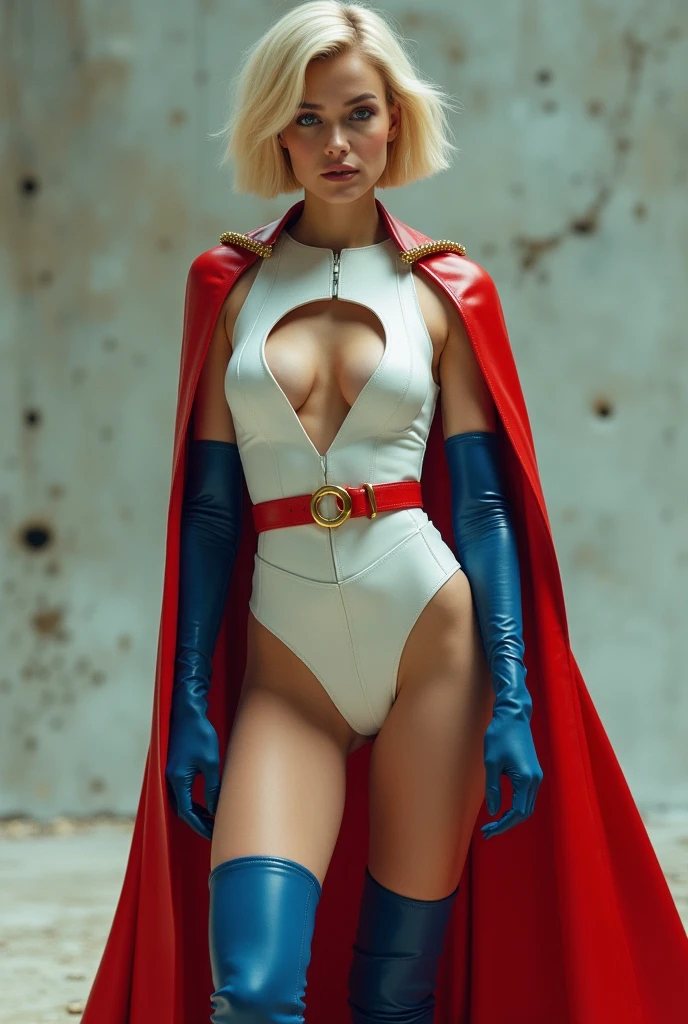 A SEXY BUSTY  FEMALE WITH SHORT BLONDE HAIR, BLUE EYES WEARING A WHITE TURTLE NECK LEATHER LEOTARD WITH A ROUND CUT OUT HOLE ON THE CHEST, LONG BLUE GLOVES, TALL BLUE BOOTS, A RED WAIST BELT WITH A YELLOW CIRLCE BUCKLE, AND A LONG RED CAPE ATTACHED TO THE SHOULDER WITH A GOLD ROPE. ABSURD 8K DETIALS AND TEXTURES. MASTERPIECE.
