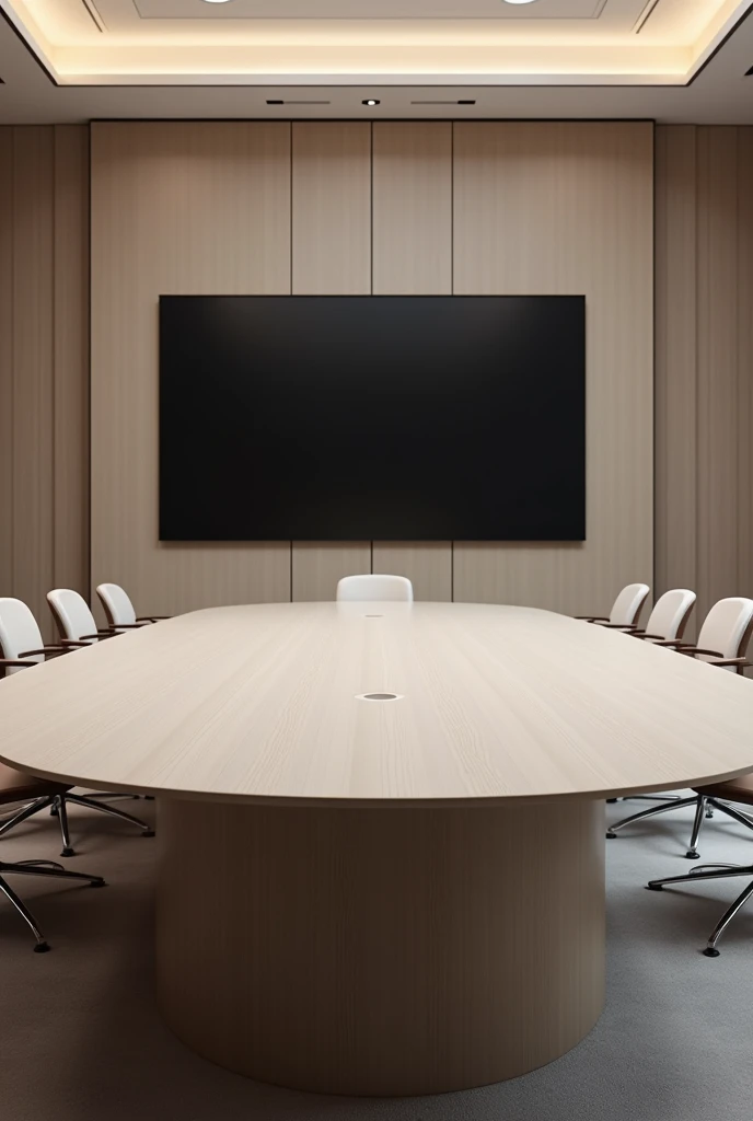 Conference hall with oval table on the front wall there is screen make mini  hall only half table in img ,make img clear and zoom
