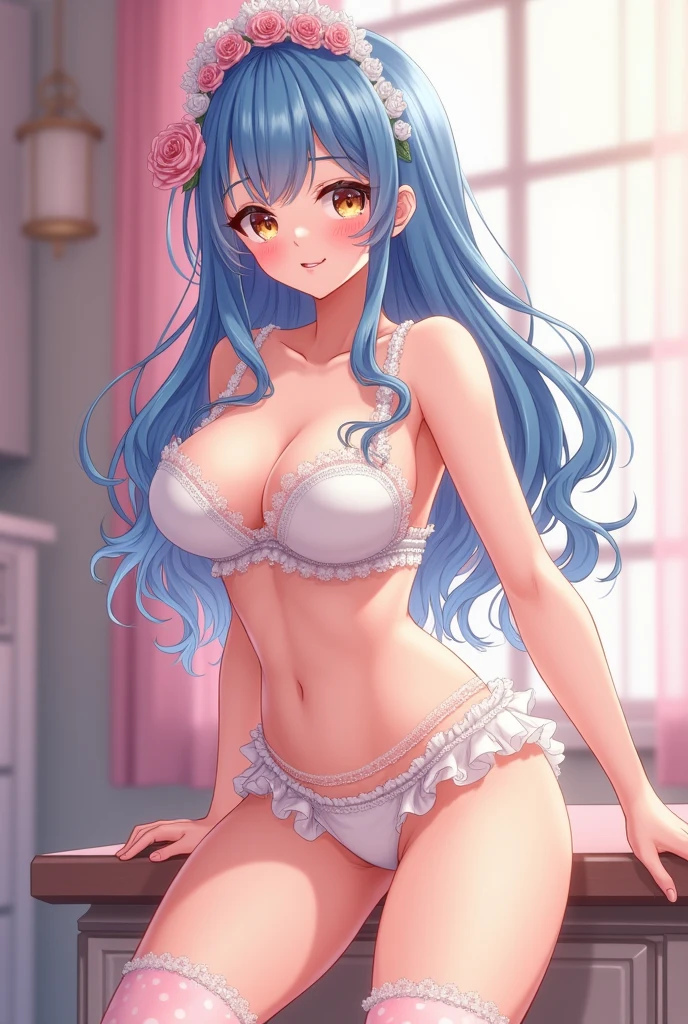 ((Highest quality:1.2, 4K, 8k, Studio Anime, Very detailed, up to date, Vibrant, Attention to detail, High Contrast, masterpiece:1.2, Highest quality, Best aesthetics), (((1 person))), Sit and pose,White polka dot bra and panties、Knee-high socks, sneakers :1.2, Embarrassed face, Dynamic Angle, look up:1.3, Friendly atmosphere, Blue Hair, No bangs、Shiny Hair, Beautiful Skin, Detailed face and eyes, Glossy Lips, Curvy Women, Striking contrast,Pink Panties、谷間が見えるHighest quality、masterpiece、8k、Best image quality、Hyperrealism、Award-winning works)、1 cute beautiful girl、(alone:1.1)、(1 photo:1.1)、(cute, Like,、(A cute dress with frills and ribbons:1.1)、(cute ta dress with lace decorations:1.1)、(Cute Like loliavy hair:1.1)、(Low length:1.1)、(height: 140cm:1.1)、(Very large breasts:1.5)、(Glamorous Body:1.5)、(Big cleavage:1.5)、(Pink Roses:1.1)、(cuteハートのシンボル:1.1)、cuteフリルがいっぱい、(大きなcuteリボン:1.1)、Accentuate your body lines、Slender body、Standing Elegantly、(Pastel color Like and luxurious lolita rbackground:1.1)、(A fairytale room with attention to detail:1.1)、(cute水色の装飾壁:1.2)、(cute room with a Like atmosphere in pastel colors:1.1)、(cute room with very bright and shiny pastel colors:1.4)、(A very bright and shiny room:1.2)、(Lots of pastel colors:1.2)、(very bright and vivid:1.4)、(cuteパステルカラーの壁飾り:1.2)、Blurred Background、Standing Elegantly少女、Accurate anatomy、Perfect Makeup、Long eyelashes、Glossy Lips、Ultra HD glossy skin、(Ultra-high resolution, 明るくBeautiful Skin:1.2)、(Super bright and radiant skin:1.2)、超高精細のGlossy Lips、Ultra-high resolution beautiful teeth、Light brown and blonde hair、Light brown eyes