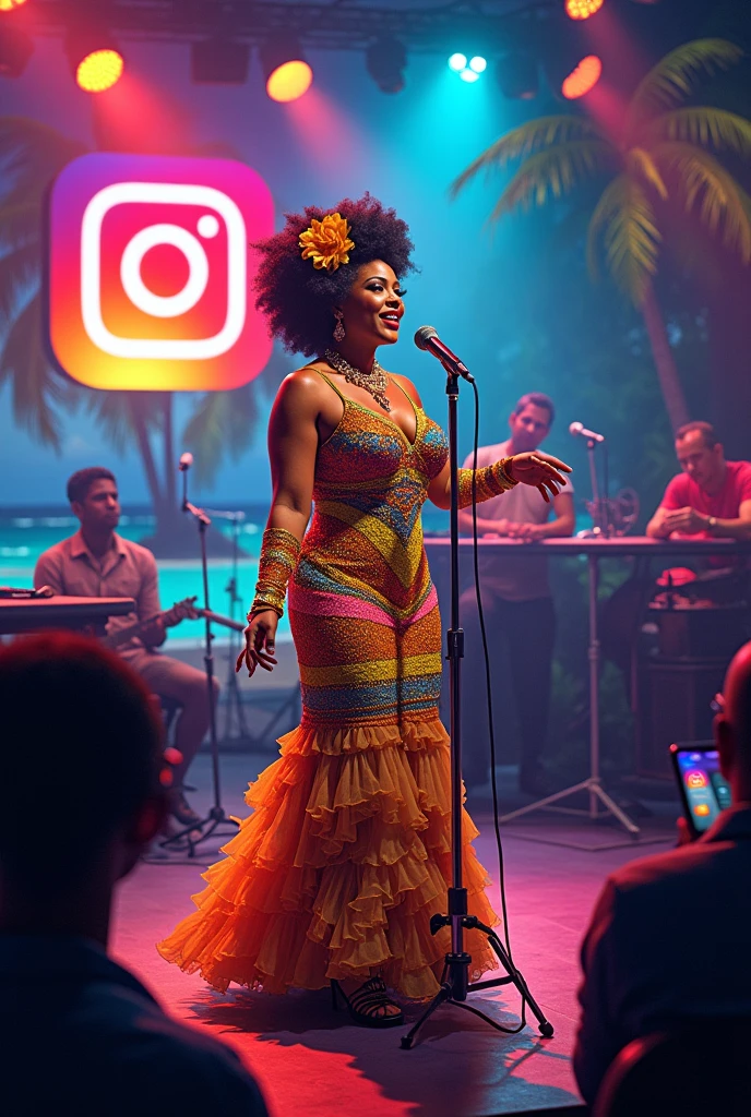 Create an image of Celia Cruz the singer on a Caribbean radio station and that has something to do with Instagram, They are Caribbean