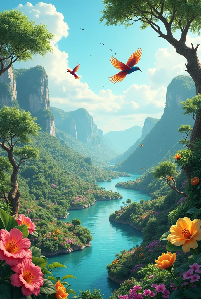 Paradise-like scenery, where there are many rivers, trees, beautiful birds flying in the sky, fruit and flower gardens.