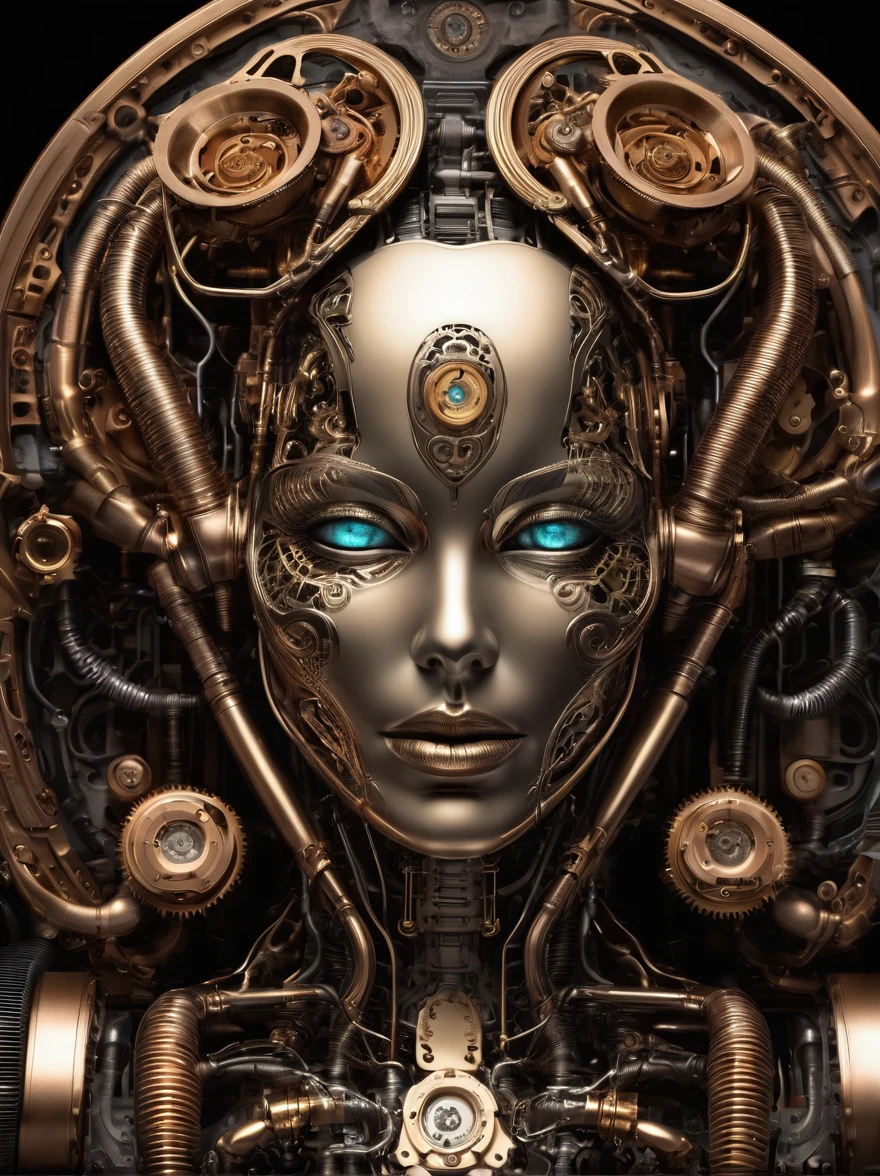 ((masterpiece)), female android with a clockwork heart, exposed heart, (human face), cogs, springs, steampunk, fetish, giger, airbrush, 70s, detailed, intricate, dynamic contrast, HDR , symmetrical